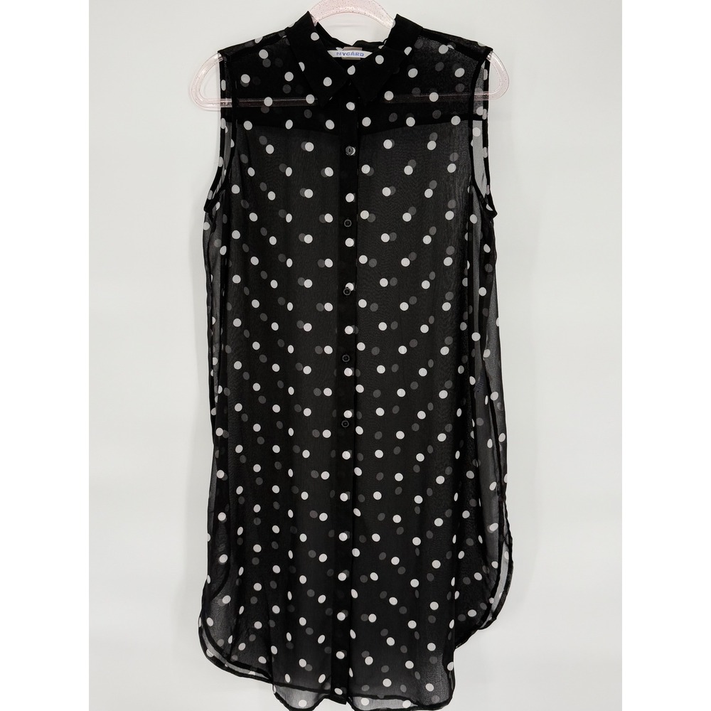 Nygard Polka Dot Sleeveless Tunic Top Black White Sheer Blouse Ladies Sz 14‎